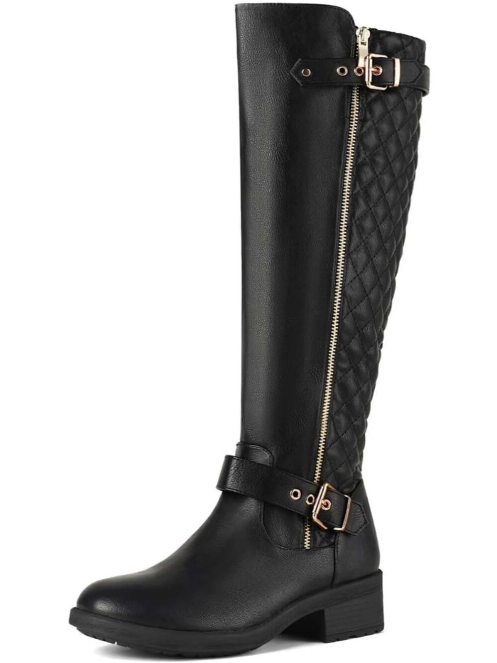 Women's Black Comfortable Chunky Block Heel Round Toe Side Zipper Knee High Boot